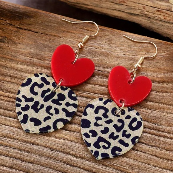 Red and Black Leopard Print Heart Earrings - Picture 3 of 4
